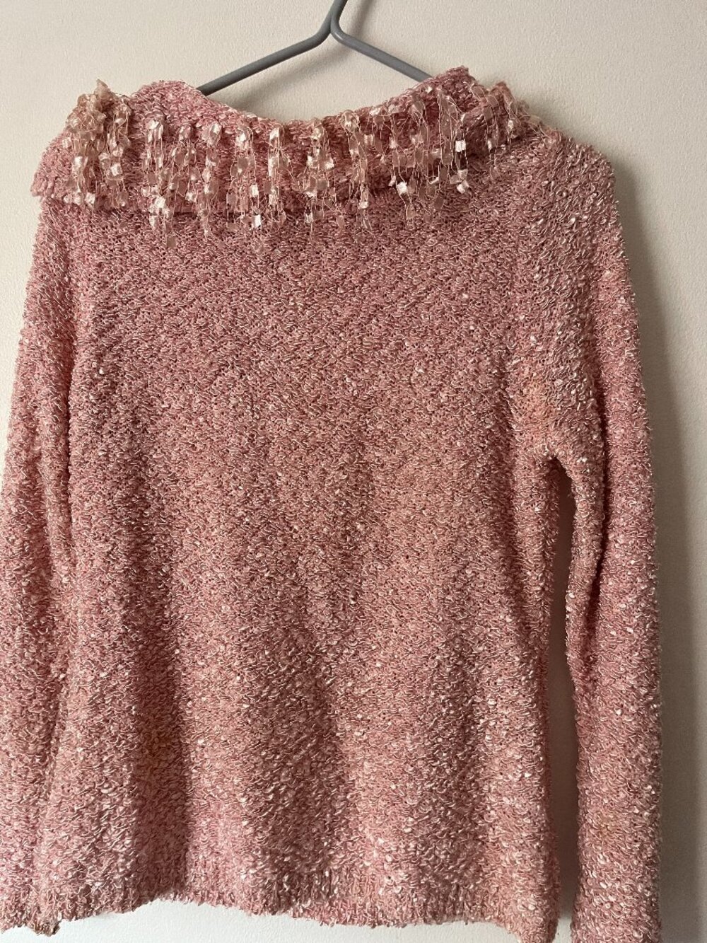 Jessica Women's Pink Boucle Knit Sweater Fringe Trim Long Sleeve Size M